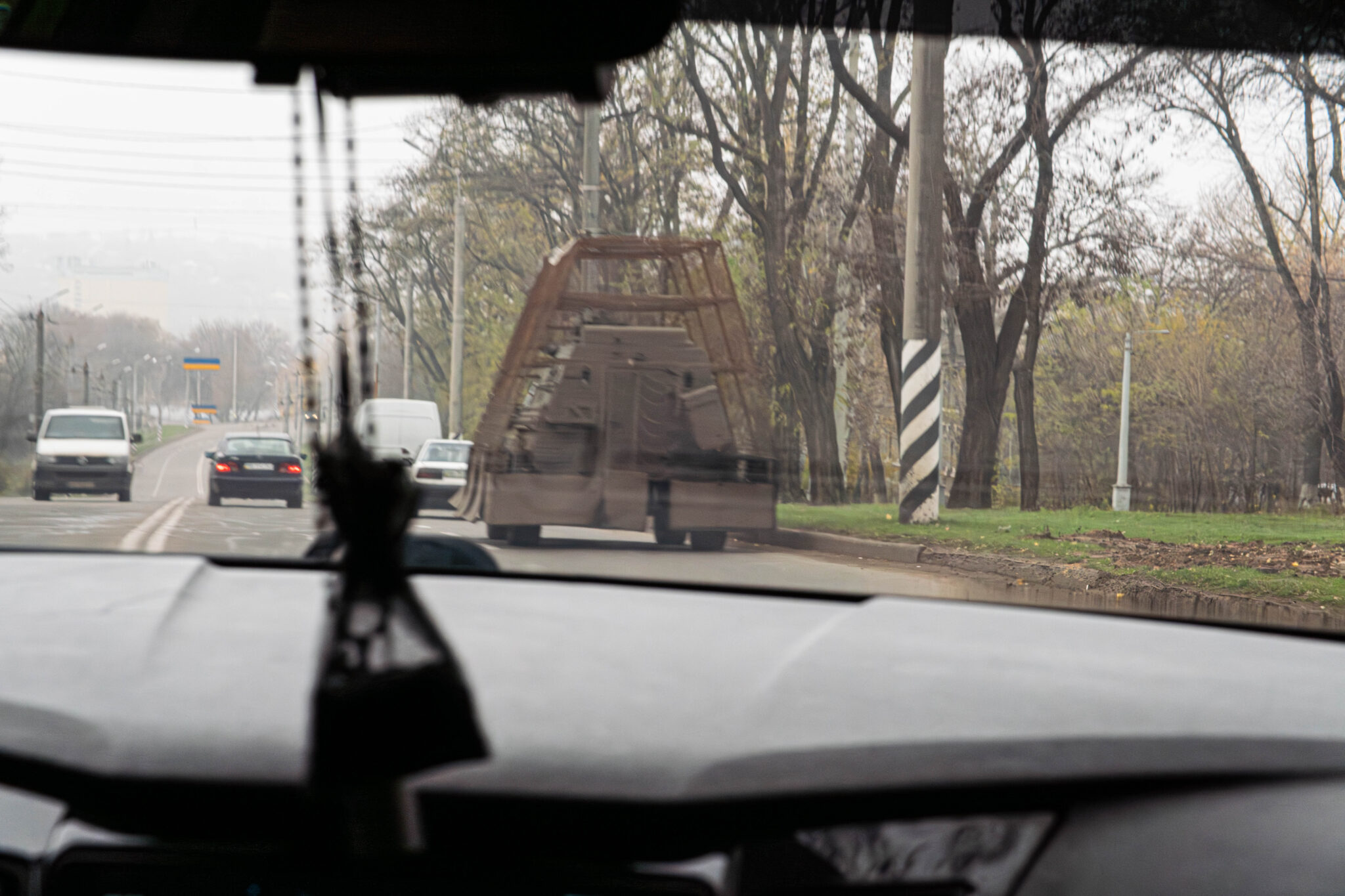 Amored vehicle with added metal grids so to further protection from drones